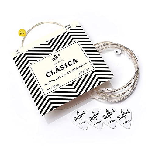 Cuerdas de nailon de primera calidad para guitarra clásica, española, flamenca y guitarra acústica (lote de 6 cuerdas) BONUS: 4 púas + Escuela de Guitarra (ebook)… (028//043)